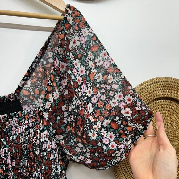 Torrid Black Flower Floral Tea Length Smocked Bodice A-Line Dress Size 0 Large - Picture 7 of 9